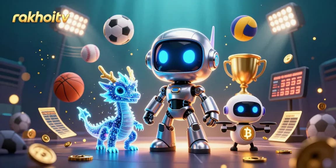 Experience live sports betting excitement with RakhoiTV's vibrant action-packed scene featuring neon elements and dynamic sports balls.