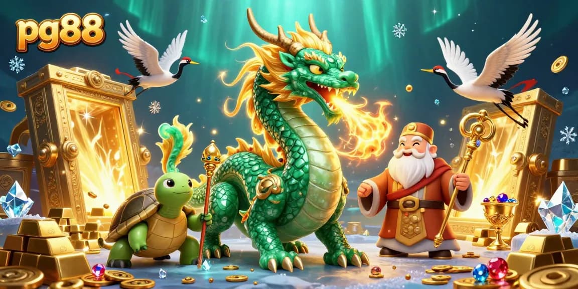 Join pg88's thrilling world with lucky cranes and a jade dragon amidst gold treasures.