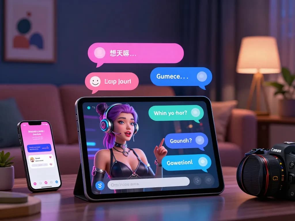Engaging scene of ai porn chat with virtual character and user in a cozy setting.