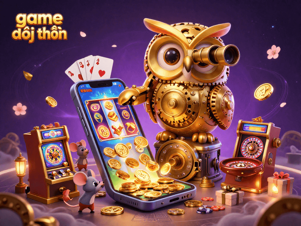 Engage with game đổi thưởng in this dynamic 3D casino scene featuring an owl, mice, and game elements.