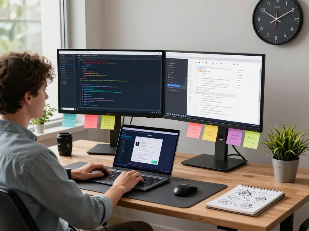 A developer's vibrant workspace integrating molt bot features with sleek monitors, showcasing an AI-driven productivity atmosphere.