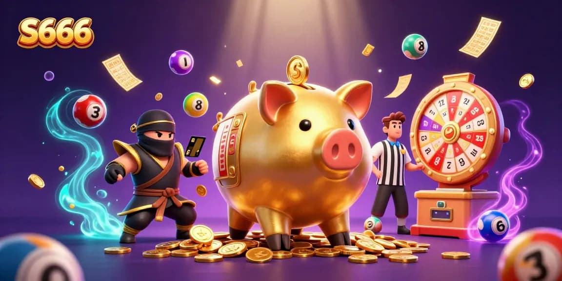 S666 engages players with a colorful 3D illustration featuring a piggy bank wrestler and casino elements.