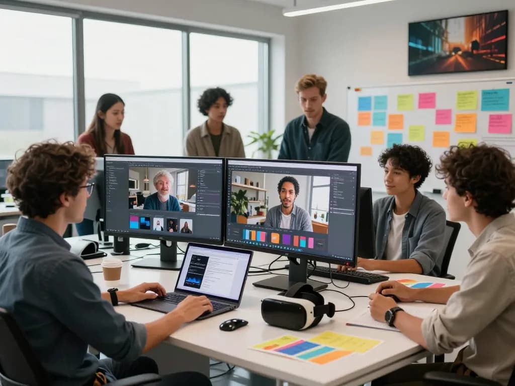 Creators collaborating on AI video generation using Seedance AI in a modern office space.