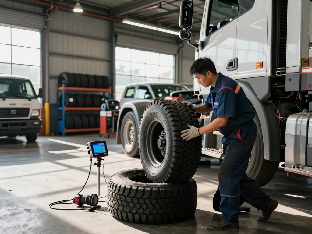 Technician checking the Double Coin RR99 tire in an automotive workshop.
