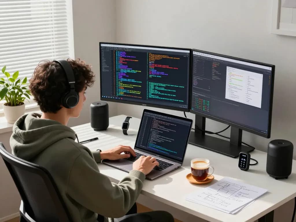 Developer coding in home office with clawbot setup and tech gadgets