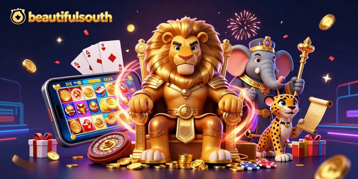 Experience gaming excitement with beautifulsouth as a lion king, elephant advisor, and cheetah gather around vibrant casino elements.