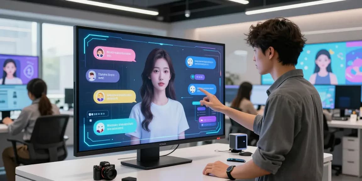 Interactive AI girlfriend experience with customizable avatars and emotional settings in a modern tech environment.