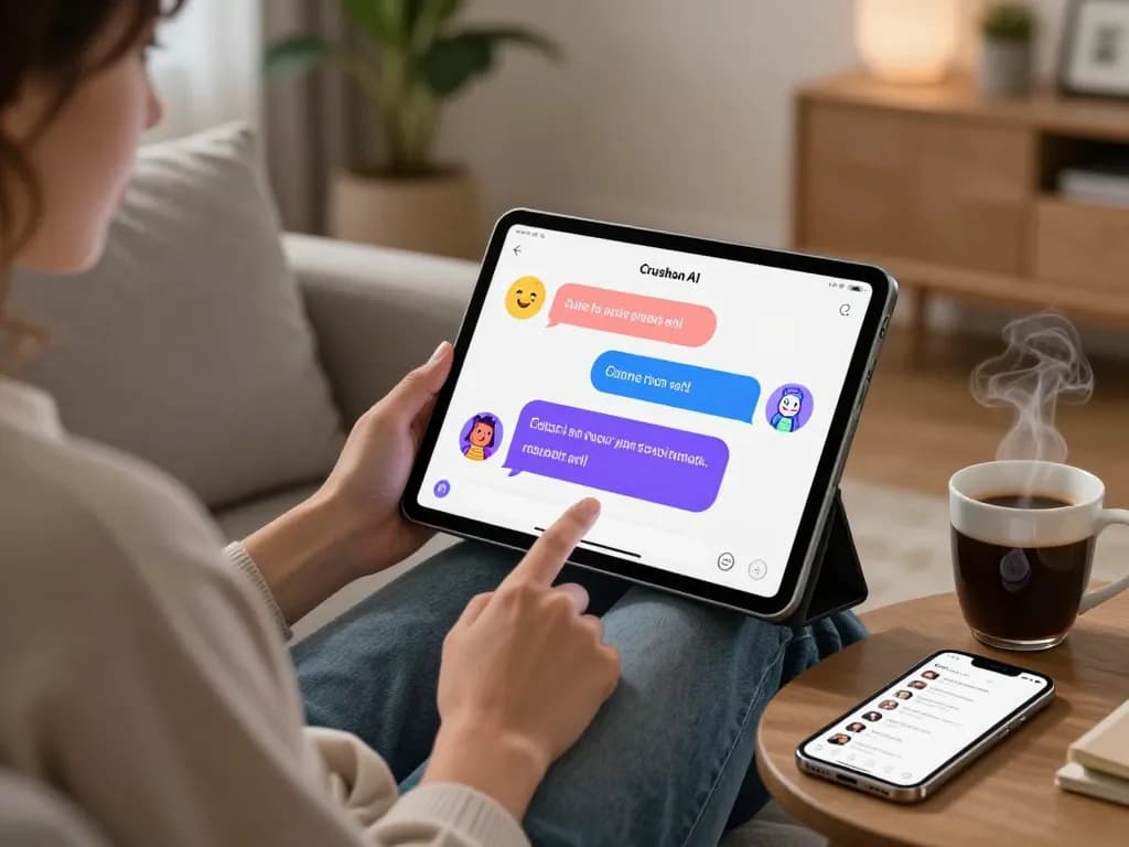 Engaging scene of a user interacting with Crushon AI, showcasing vibrant chat bubbles and a cozy atmosphere.