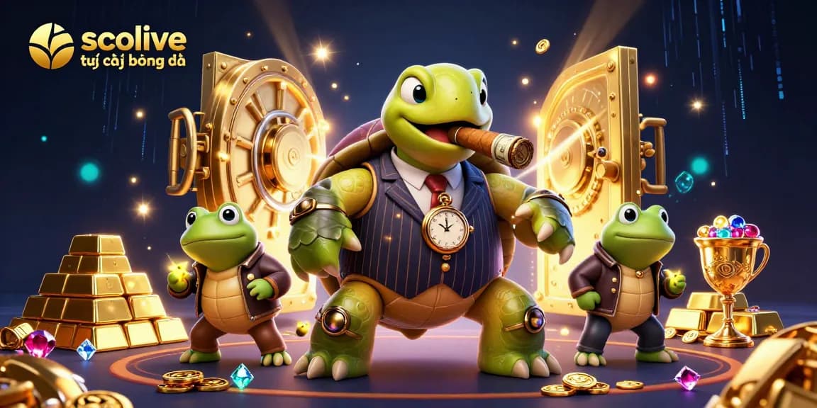 Socolive trực tiếp bóng đá features a thrilling scene of a snapping turtle mobster and bullfrog enforcers in a vibrant casino.