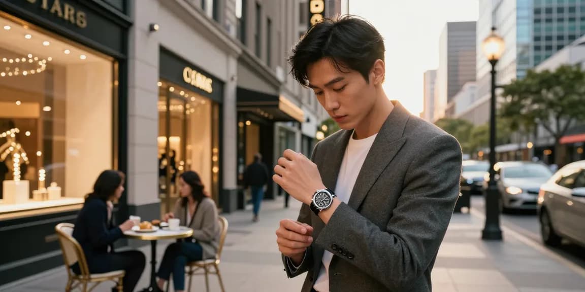A fashionable individual showcasing a luxury replica watch in a vibrant urban environment, reflecting elegance and style.