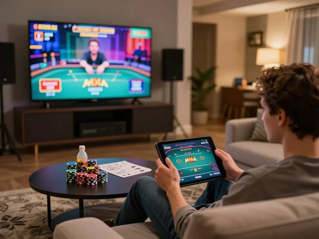 Player engaging in MM 88 poker on tablet in cozy home gaming setup with ambient lighting.