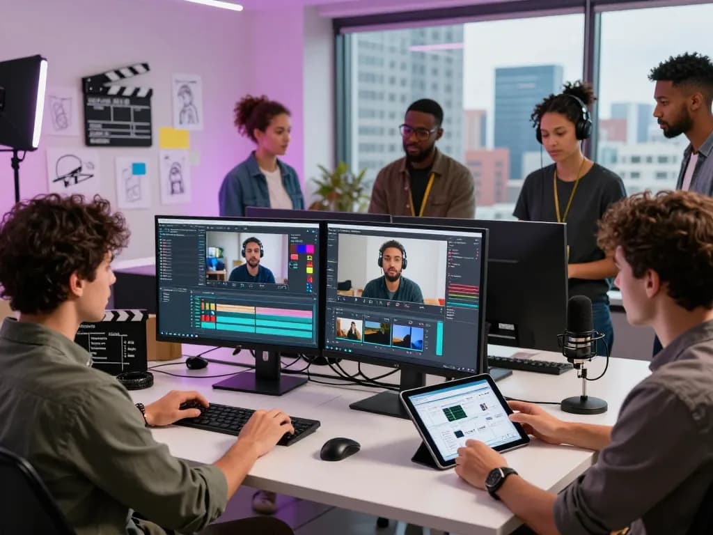 Diverse team using Seedance 2.0 AI for creative video production in a modern studio.