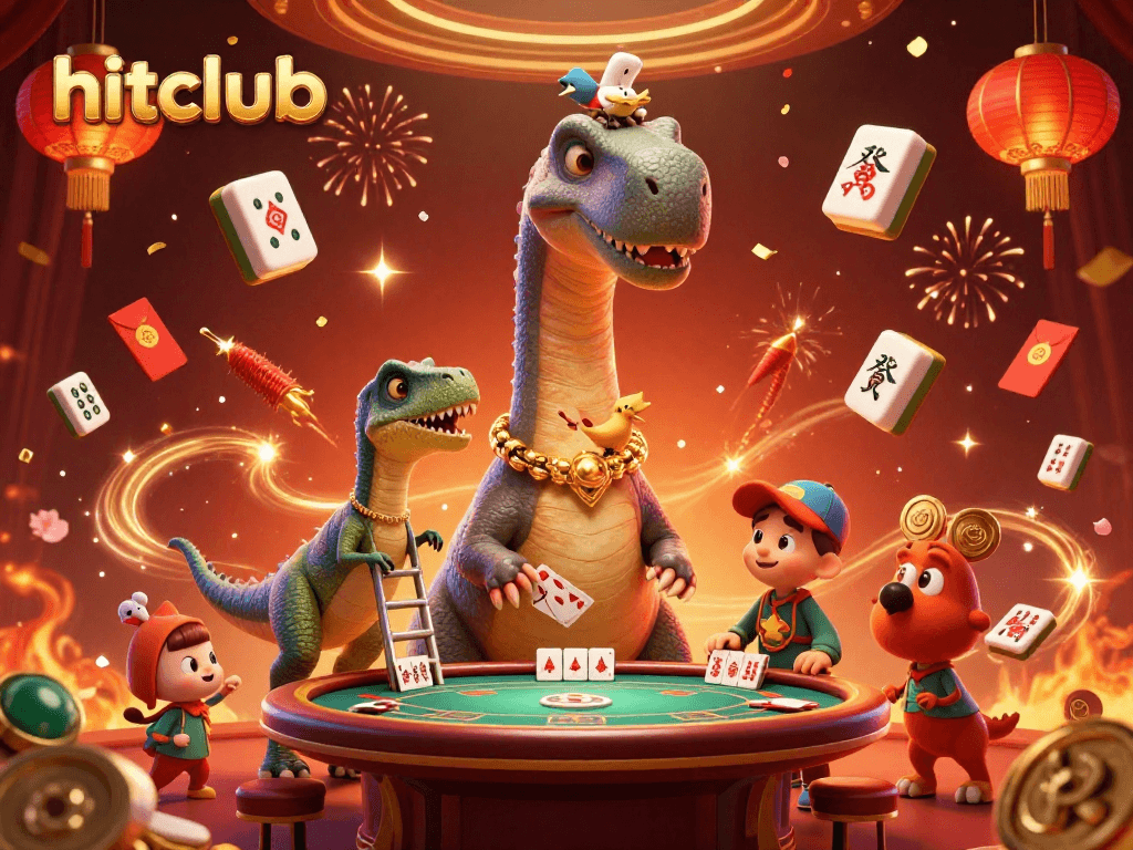Engage with hitclub's vibrant 3D casino scene featuring a brontosaurus and playful raptor.