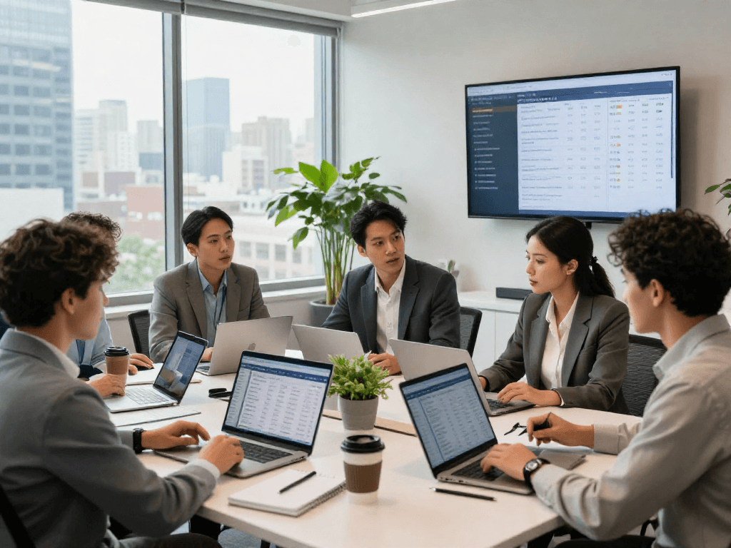 Team discussing IDXSTAR software in modern real estate office setting, showcasing collaboration and analytics