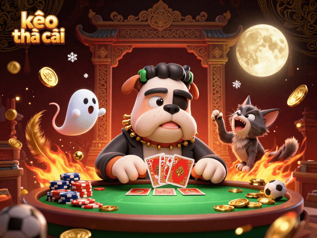 Engage with kèo nhà cái through a colorful 3D illustration of a bulldog monster and poker action.