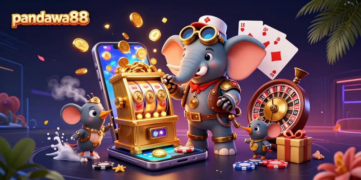 Pandawa88 celebrates winning big at the slot machine with a steampunk elephant and vibrant casino elements