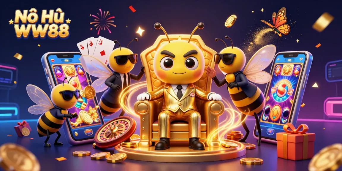 Engage in thrilling Nổ Hũ WW88 gameplay with a vibrant jackpot ambiance, showcasing a bee mob boss in a colorful casino.