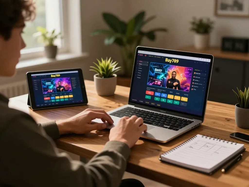 Engaging in online casino gaming with Bay789 on a laptop at home