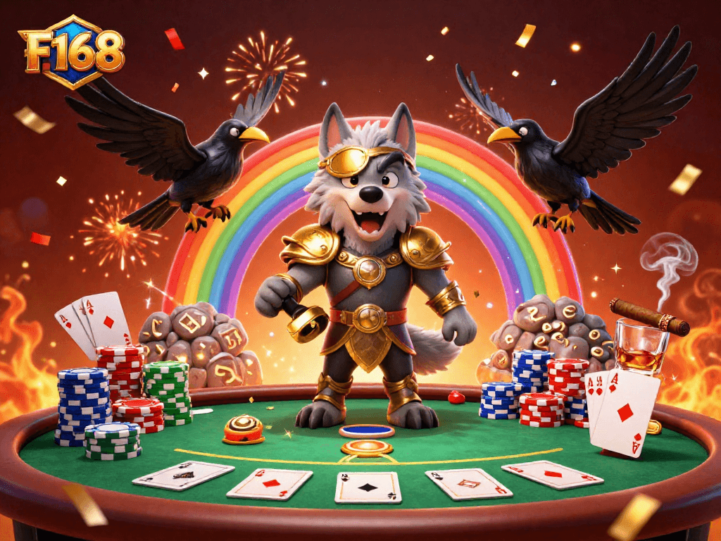 Experience F168 with Odin and his ravens amid vibrant casino elements and celebratory fireworks.