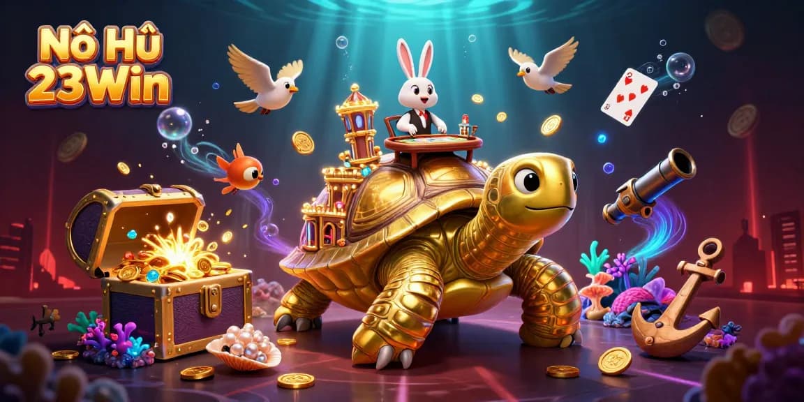 Nổ Hũ 23Win showcases exciting gameplay with a giant golden tortoise and golden coins flying around.