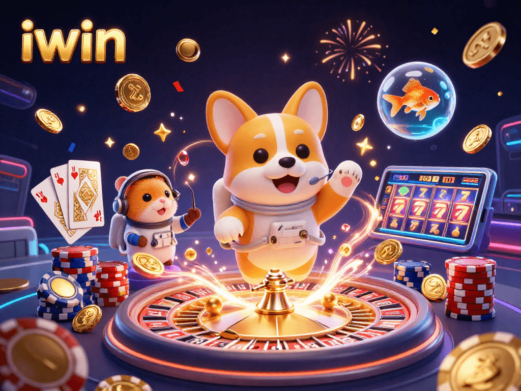 Iwin casino experience with 3D astronaut corgi and mission-control hamster amid floating poker chips and coins.