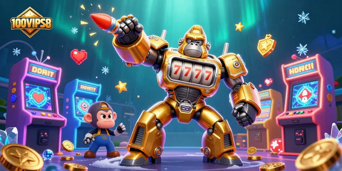 Experience thrilling gaming excitement at 100VIPS8 with a golden gorilla mech and vibrant arcade elements.