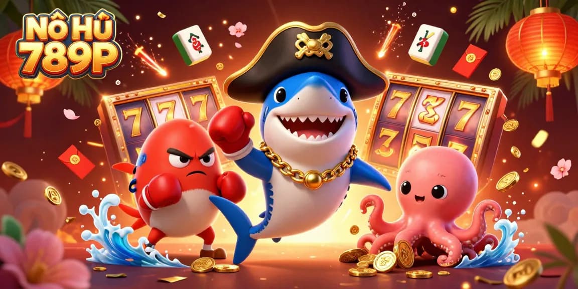 Engage in fun with Nổ Hũ 789P featuring a vibrant scene with cartoon characters amidst slot reels and golden treasures.