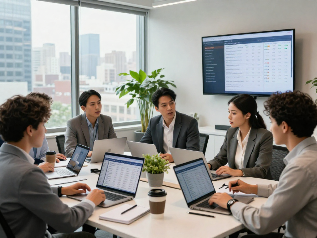 Team discussing IDXSTAR software in modern real estate office setting, showcasing collaboration and analytics