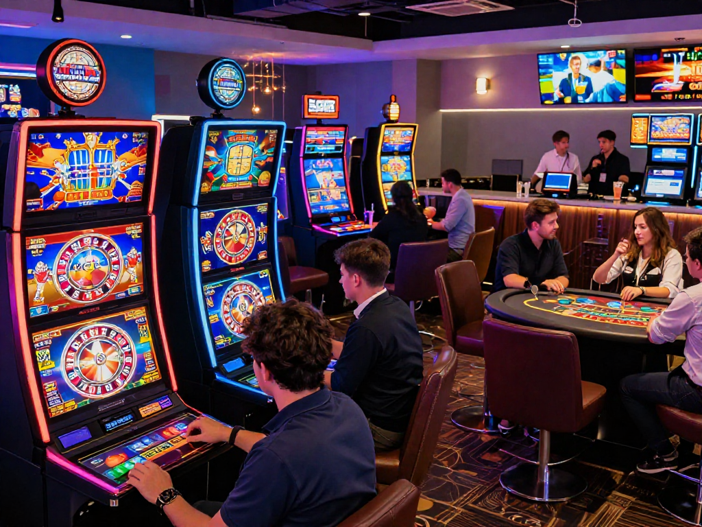 UK players enjoying games at casinos not registered on GamStop, vibrant scene depicting slots and card games in an inviting atmosphere.