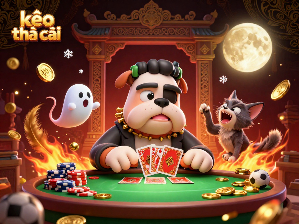 Engage with kèo nhà cái through a colorful 3D illustration of a bulldog monster and poker action.