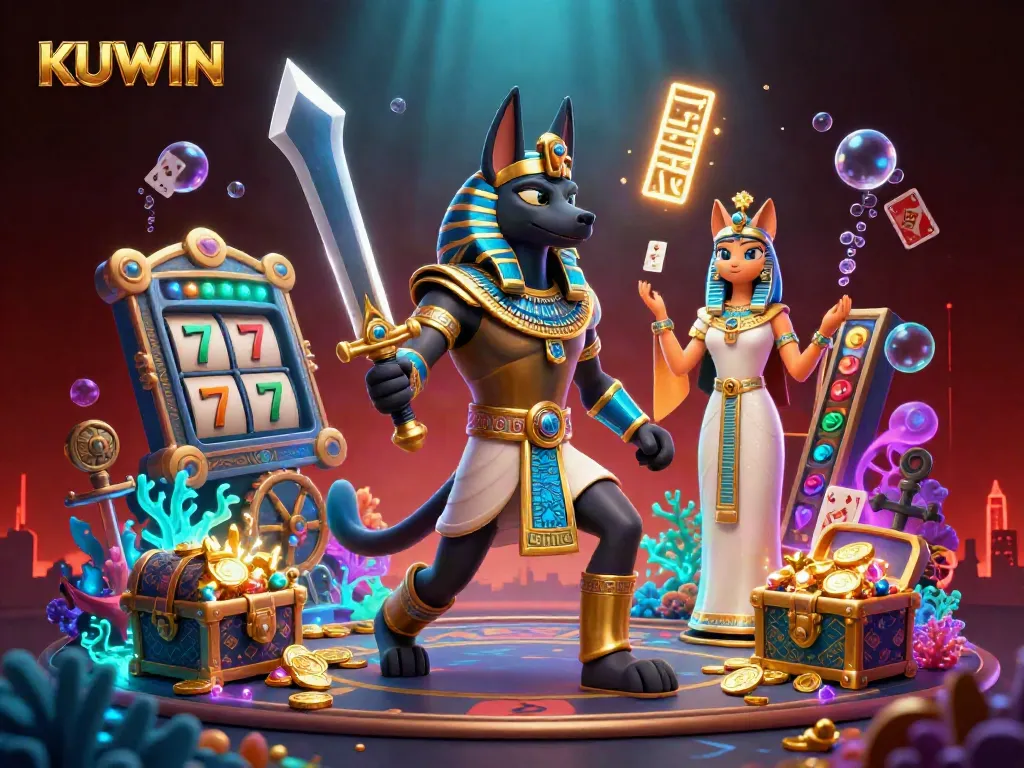 Engage with thrilling gameplay at KUWIN, featuring Anubis and Bastet amidst vibrant casino elements.