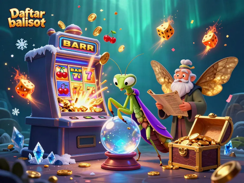 Experience excitement with Daftar balisot featuring a lottery scene with dynamic characters and vibrant casino elements.