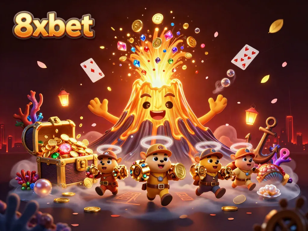 Experience the excitement of 8xbet with a vibrant eruption of treasures in a 3D casino scene.