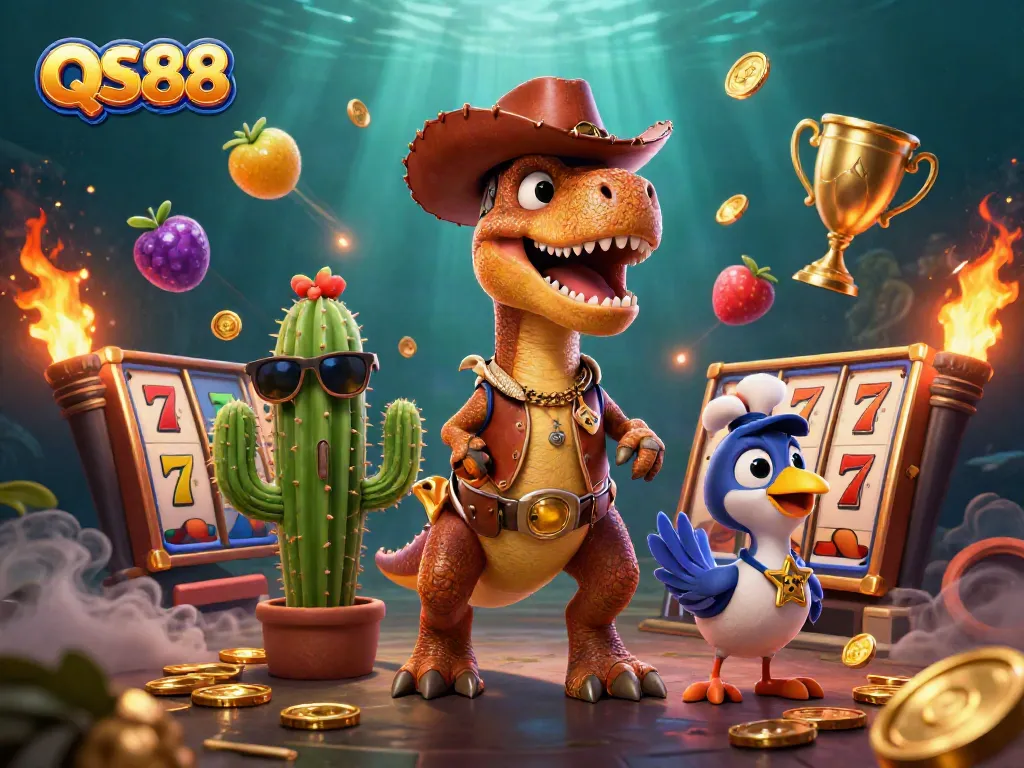 Experience the excitement of QS88 with a cartoon dinosaur and fun slot games in a vibrant illustration.