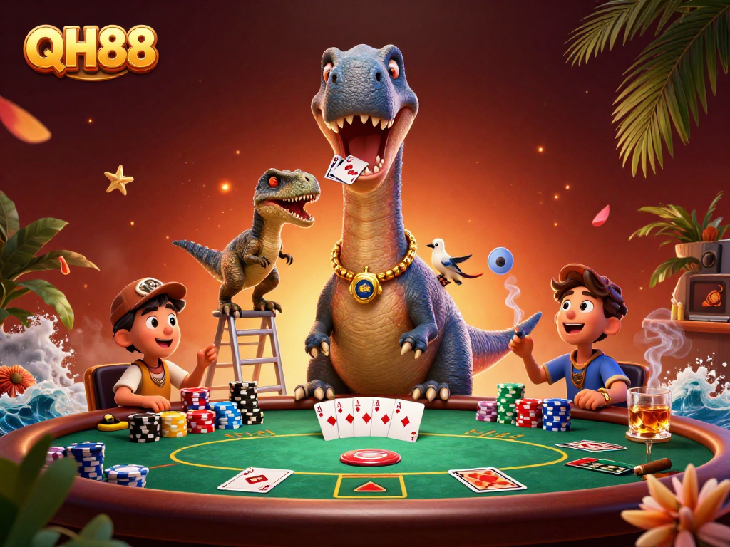 Engage with QH88 at a dynamic poker scene with a giant brontosaurus overseeing gameplay.