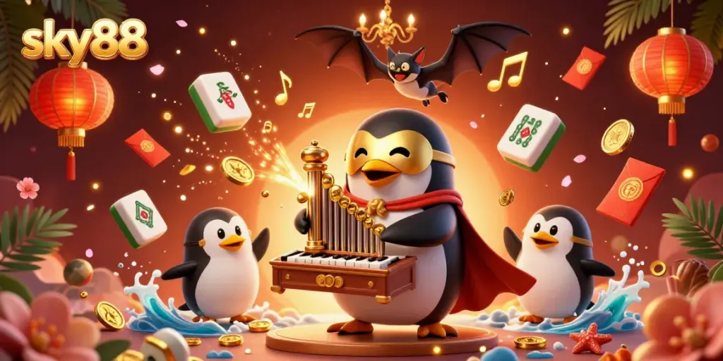 Sky88 casino illustration with a penguin playing an organ and golden game elements floating.