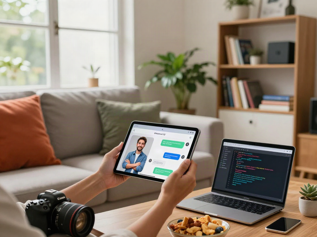 Engaging AI chat porn interface on a tablet in a cozy tech-savvy environment, highlighting digital interaction.