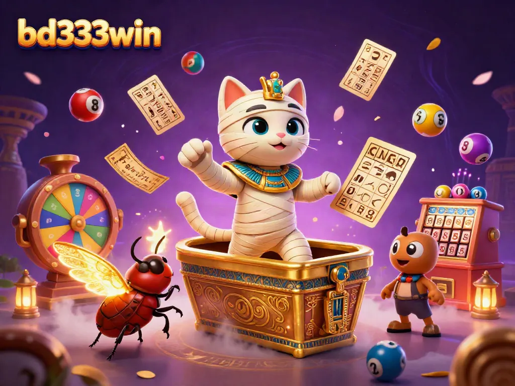 Experience the excitement of bd333win with a cartoon mummy cat in a dynamic pyramid casino setting.
