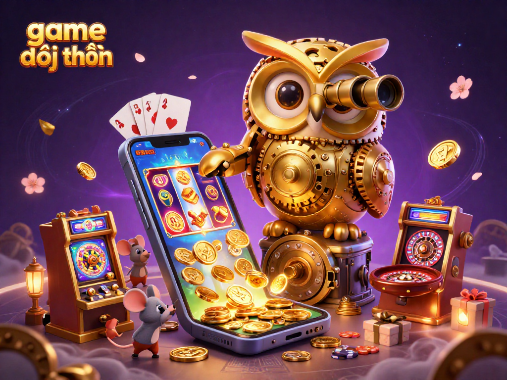 Engage with game đổi thưởng in this dynamic 3D casino scene featuring an owl, mice, and game elements.