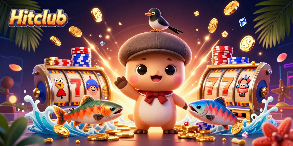 Hitclub showcases an enchanting scene of baby Nessie and friends enjoying casino games with vibrant slot reels and golden coins.