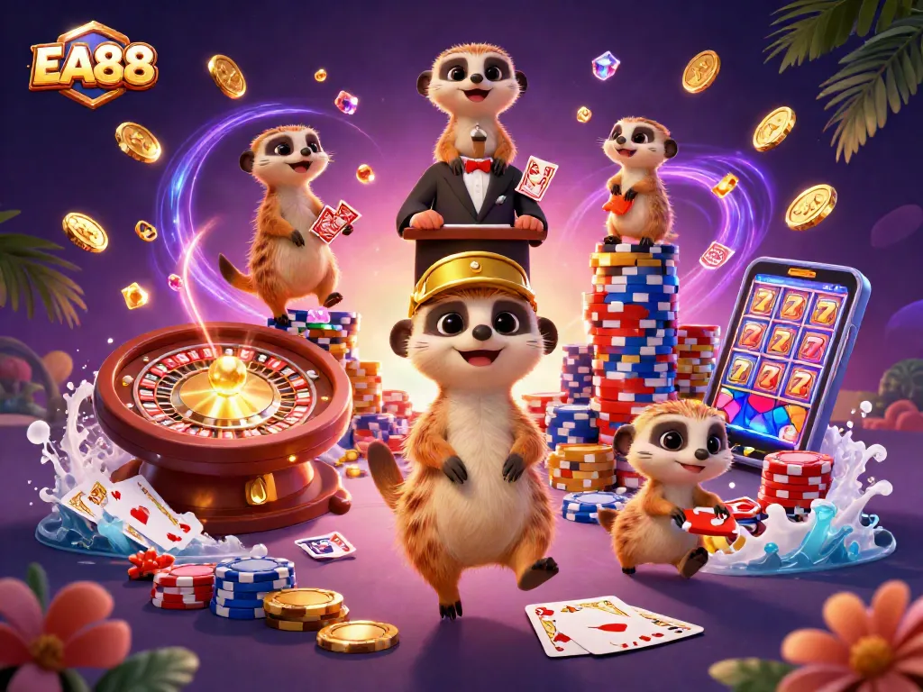 Experience thrilling gaming action with EA88's 3D cartoon meerkats managing a vibrant casino