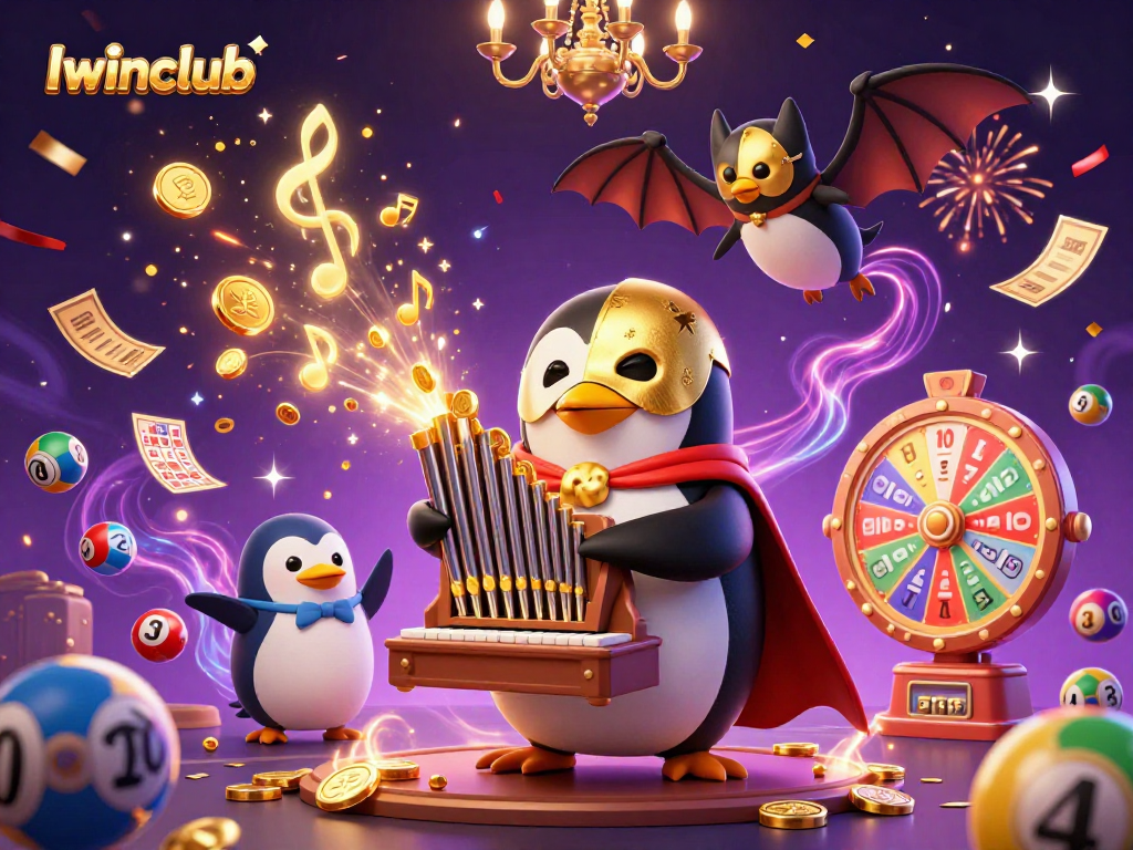 Iwinclub's captivating casino scene featuring a phantom penguin, lottery elements, and magical effects.