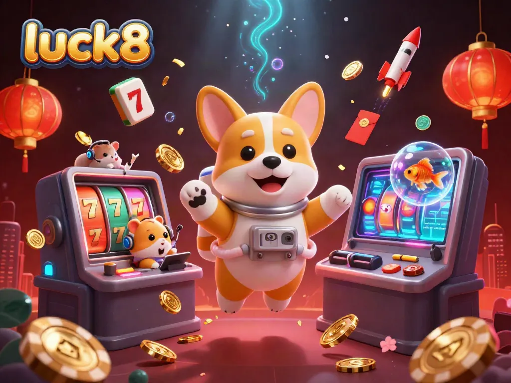 Experience thrilling gameplay at luck8 with an astronaut corgi floating through a vibrant casino scene.