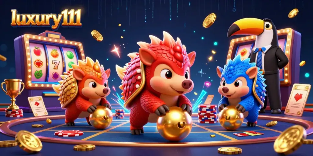 Experience thrill with luxury111 as two rival pangolins clash in a vibrant casino showdown.