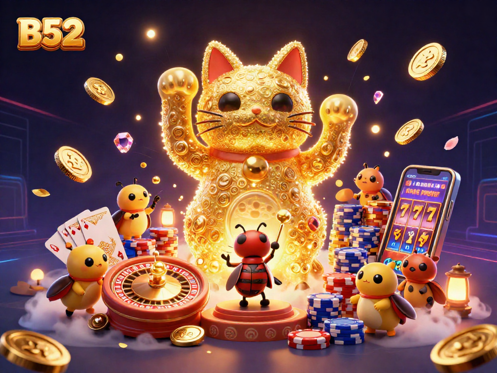 B52: Win big with dynamic casino symbols and a lucky cat in an engaging 3D illustration.