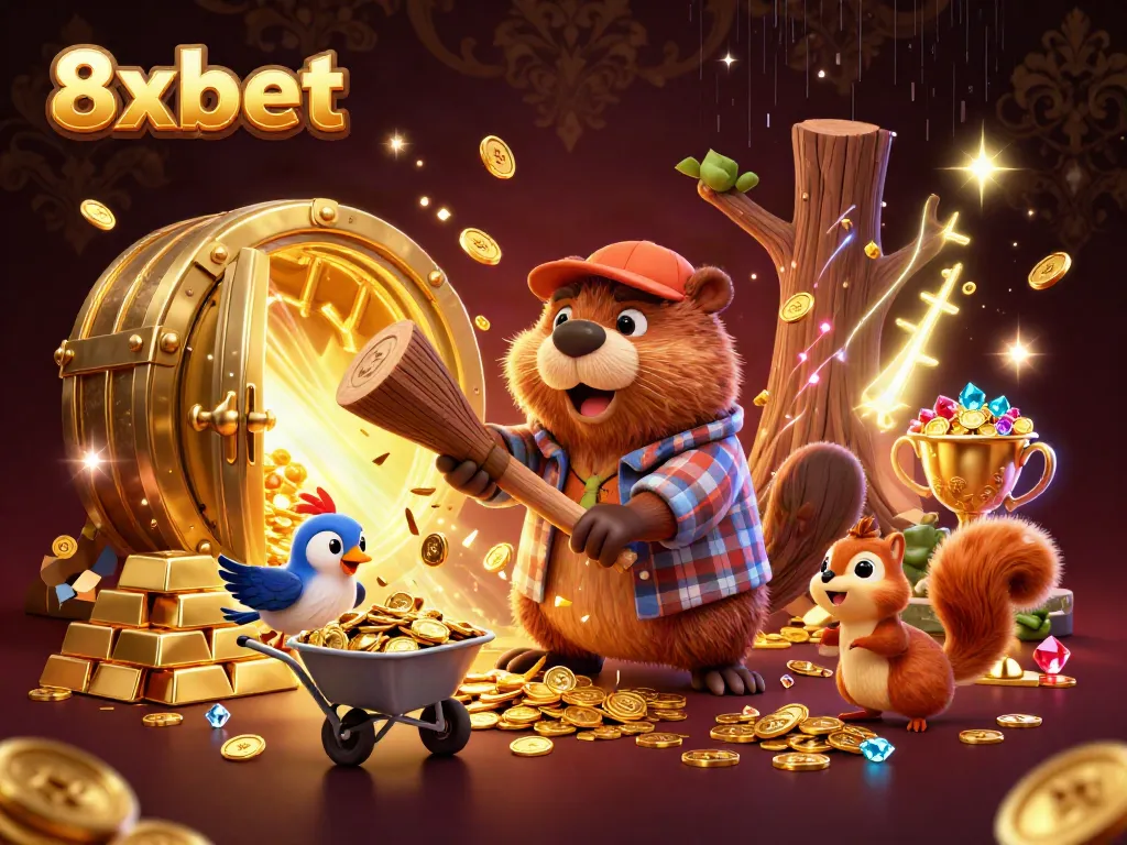 Join the fun with 8xbet as the beaver chops trees raining coins in a vibrant casino scene.