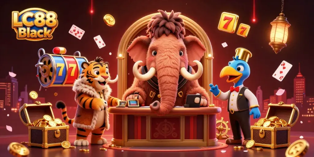 Experience thrilling gameplay with LC88 Black, featuring a bouncer mammoth and a VIP saber-tooth character.