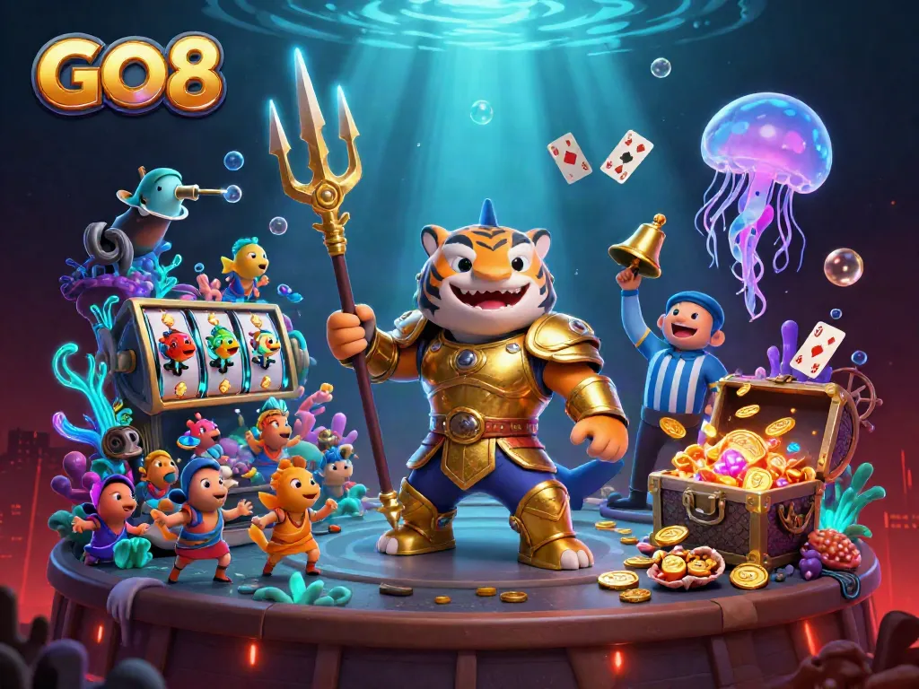 Experience the excitement of GO8 with a fierce shark gladiator in an underwater casino arena.