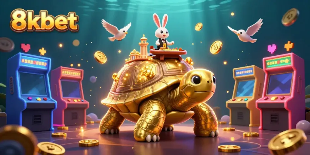 Engage with exciting action at 8xbet's vibrant casino featuring golden tortoise and animated elements.