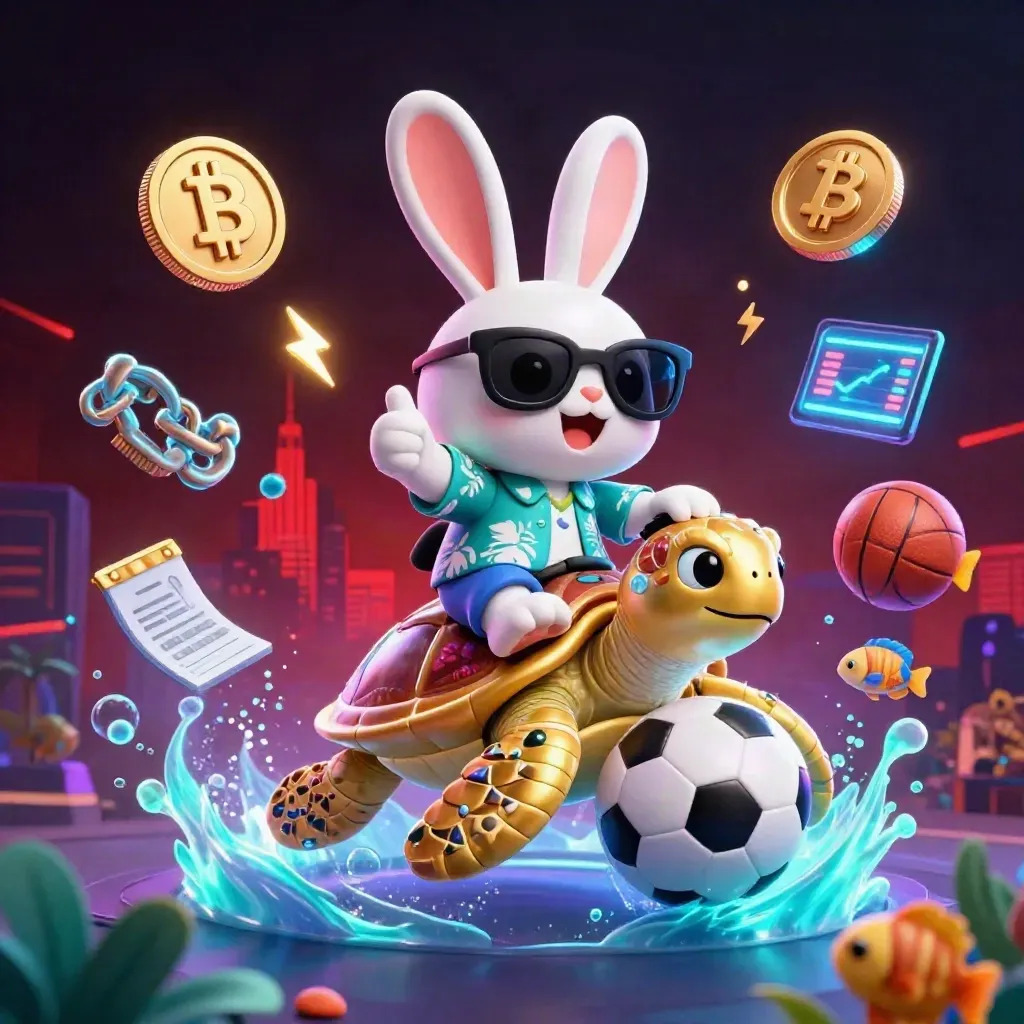 Lucky rabbit on golden turtle amid casino coins, sports balls, and neon effects.